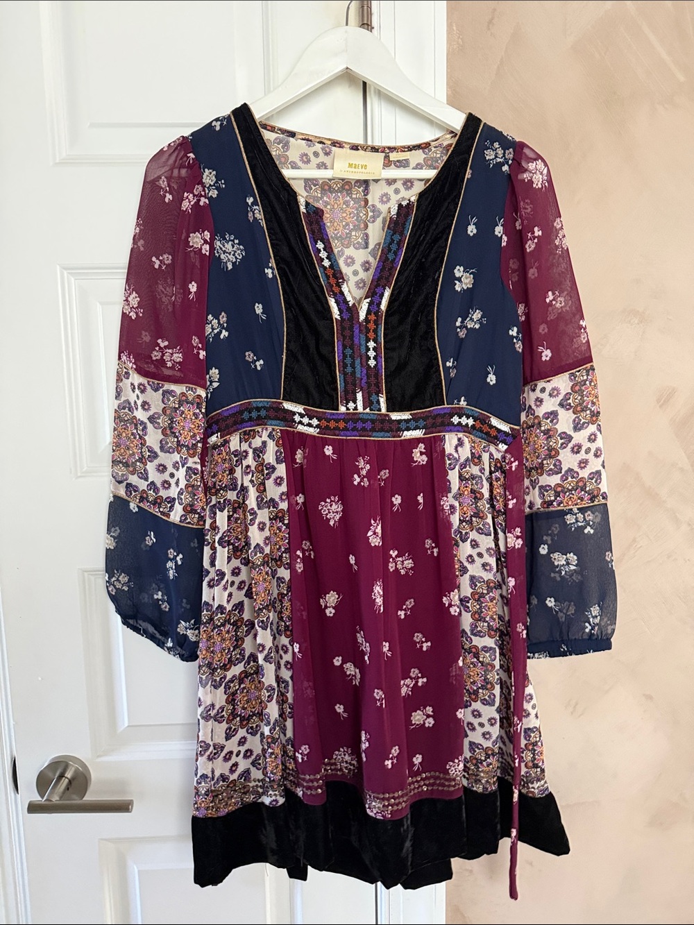 Maeve Mixed Floral Patchwork Long Sleeve Dress in Burgundy, Navy, Cream